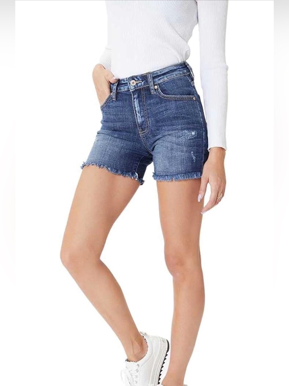 Kancan Women's High Rise Frayed Hem Shorts - KC8607 Dark Wash Beach Size W13 30